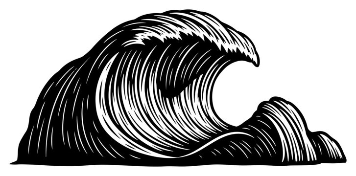 Giant curling ocean wave surf swell vintage woodcut engraving style