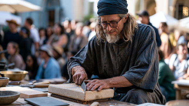 Traveling knife sharpener works pedal grinding stone at vibrant Saturday urban farmers market, sparks falling from blade edge, traditional itinerant trade, culinary tool