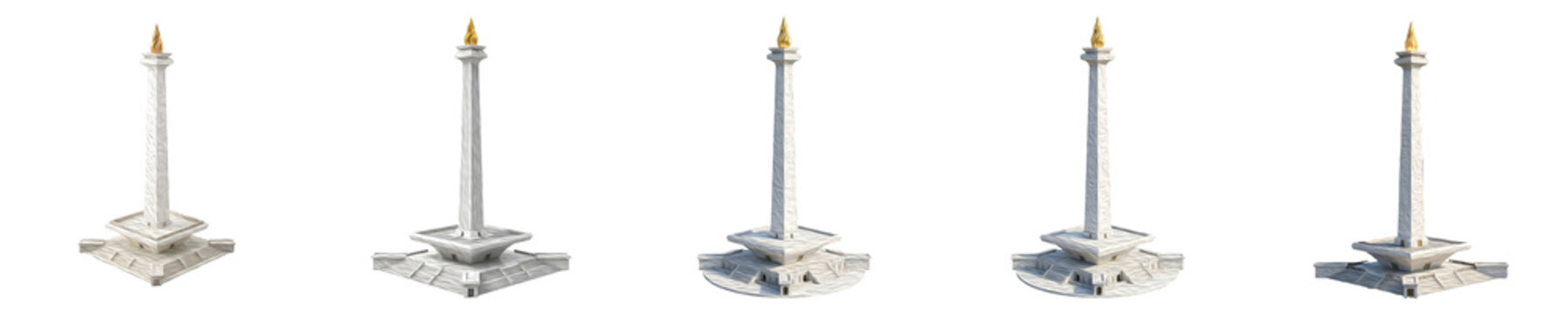 Monas National Monument Jakarta Set: Indonesian National Landmark Obelisk with Golden Flame in Various Angles, Isolated on White Background for Travel and Culture Design.