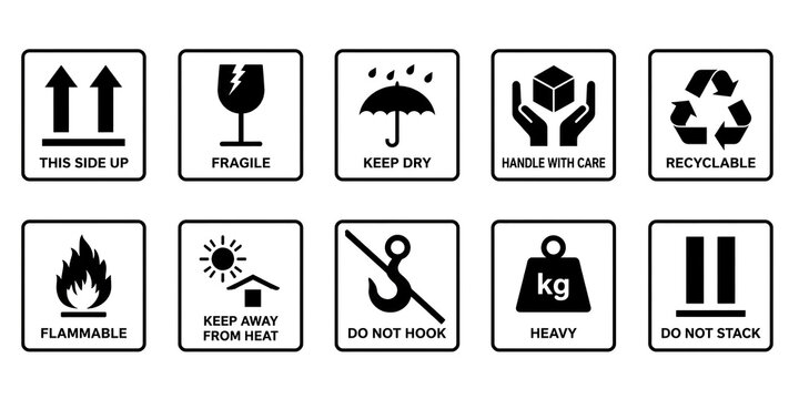 Industrial packaging symbols set, 10 black shipping icons for cargo handling, fragile and flammable logistics labels, delivery and warehouse signs isolated on White Background ai