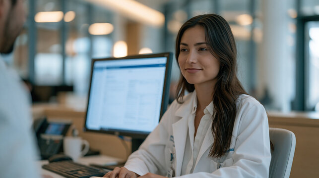 precision medicine pharmacogenomics report displayed on a clinical pharmacist's monitor while consulting with an internist about medication selection, hospital pharmacy satellite,
