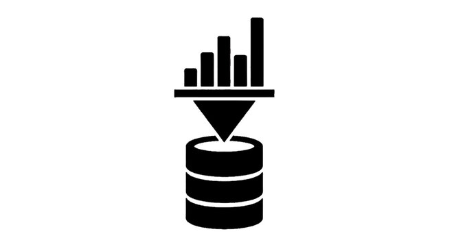 Minimal black silhouette icon, simple flat vector, bold black shape, no, no shading data ingestion funnel to database icon on a, flat icon style