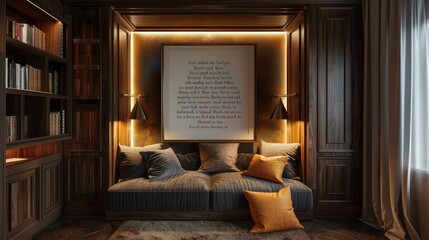 Obraz premium Cozy reading nook with a plush couch, a framed quote on the wall, and warm lighting.