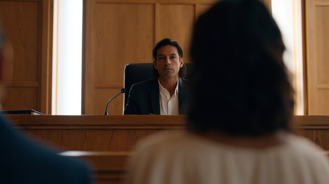 Anxious Central American family seated before immigration judge during asylum hearing in federal immigration court, interpreter leaning toward mother whispering translation while