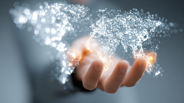 Hand Releasing Glowing Digital Particles in Futuristic Technology Concept