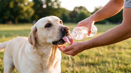 Caring Owner Giving Water to a Thirsty Pet Dog During a Hot Summer Walk Outdoors , Owner Pouring Water from a Plastic Bottle into His Hand for a Thirsty Yellow Labrador Dog in a Sunny Park © Dream