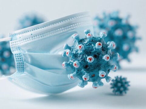 Close-up of a blue surgical mask with a 3D model of a coronavirus particle