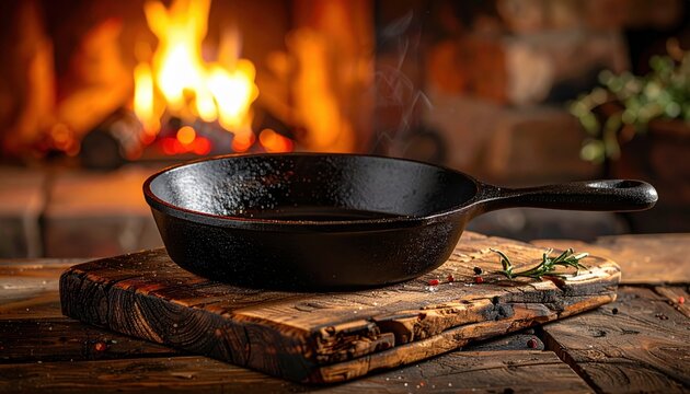 A seasoned cast iron skillet rests on a rustic wooden board with a warm fire blazing in the background