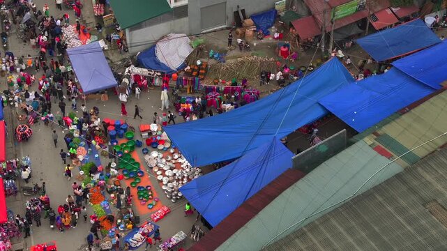 Hmong Market in Meo Vac, Dong Van District, Ha Giang Province, Vietnam. A market on weekends, ethnic minorities. Aerial