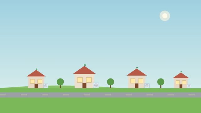 Heat pump neighborhood deployment flat design animation for sustainable residential energy concept