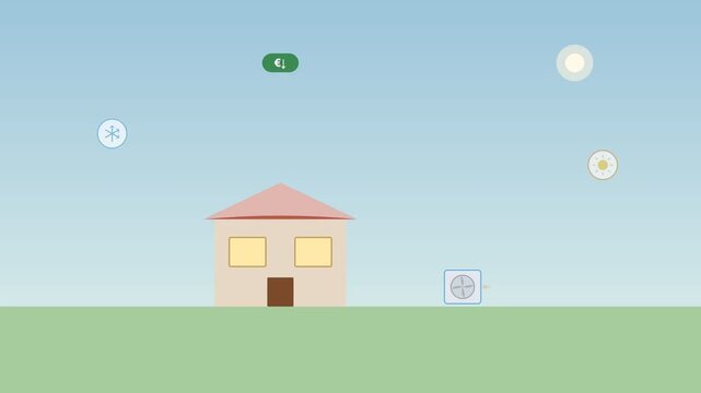 Reversible heat pump heating and cooling flat design animation for year round home comfort
