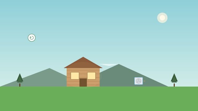 Remote mountain cabin flat design animation for sustainable home concept