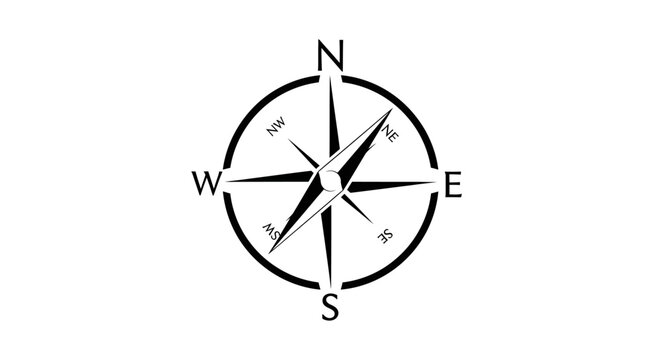 Vector compass rose illustration showing North, South, East, West cardinal points. Navigation symbol for travel and direction.