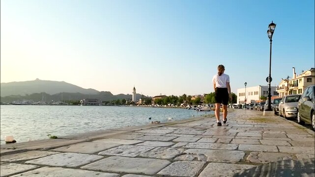 Woman tourist blogger films herself in embankment Zante city, Zakynthos island, Greece. Summer destination on the Mediterranean Sea, Europe
