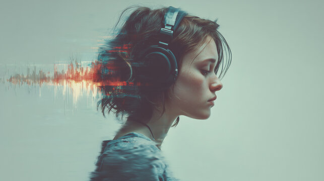 A young girl with her eyes closed wearing large over-ear headphones, with a digital sound wave and glitch effect trailing behind her head.