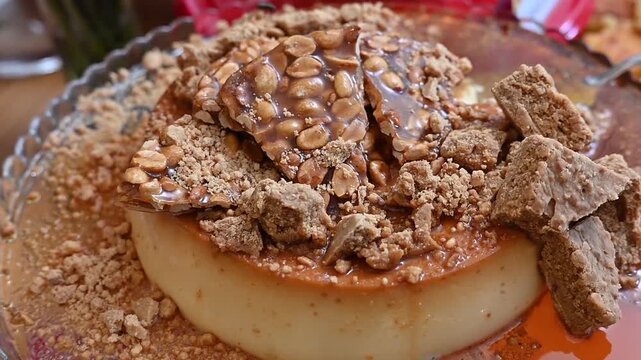 Condensed milk pudding with caramelized sugar syrup, a typical Brazilian food for June festivals, a high-calorie food.