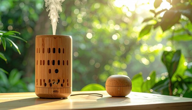 Natural bamboo essential oil diffuser releasing mist in a serene outdoor setting with sunlight and foliage