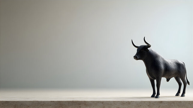 Black bull figurine on a stone surface. Symbol of San Fermin festival and animal strength. Minimalism concept for holiday celebration, cultural tradition and Spanish heritage decor.