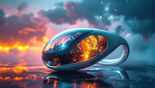 Futuristic personal navigator vehicle glowing with internal energy against a colorful twilight sky