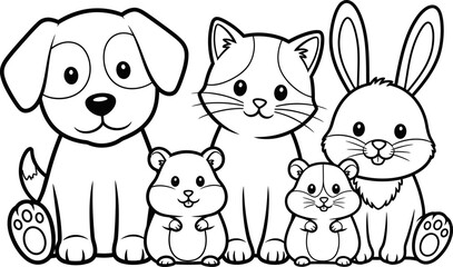 Fototapeta premium Cute animal friends coloring page for kids dog cat bunny hamster and gerbil