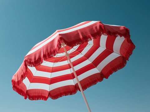 Retro red and white striped beach umbrella against a clear blue sky