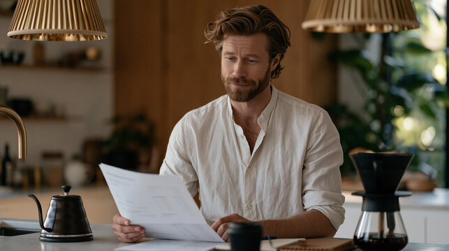 Founder at kitchen counter reviewing printed churn metrics during early morning before rest of household wakes, data obsession bleeding into personal time, metric-tracking