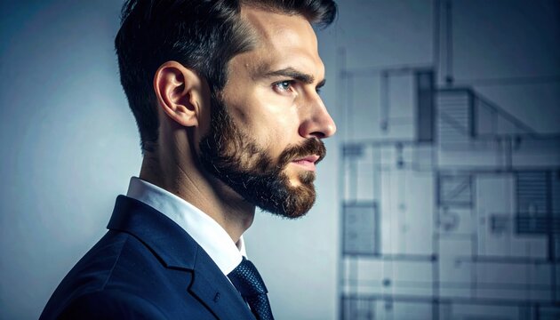Professional architect with a meticulously groomed beard in a suit, looking into the distance with architectural plans in the background