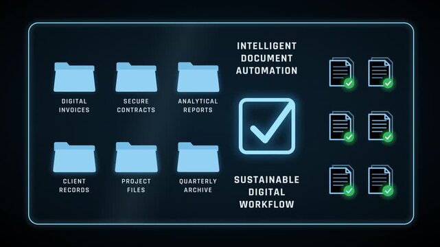 Animation of a futuristic HUD interface displaying an intelligent document automation workflow on a deep black background