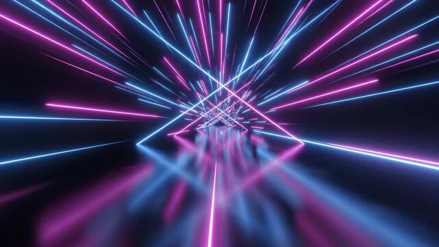 Immersive journey through a vibrant neon light tunnel with glowing blue and pink lines reflecting on the floor. A futuristic abstract background for digital projects.