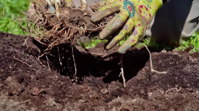 Careful Root Management Ensures Strong Plant Establishment And Vitality, Gardener Carefully Teases Soil From Roots To Ensure Healthy Growth And Stable Planting