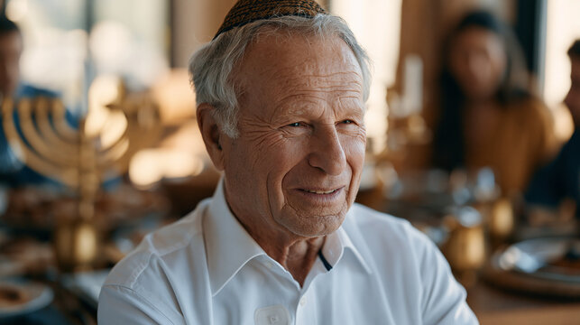 Senior citizen at a Rosh Hashanah family gathering wearing a discreet remote cardiac monitor patch beneath a dress shirt, a subtle reminder that chronic disease management
