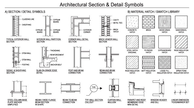 Architectural Section and Detail Symbols Technical Drawing Blueprint of Wall Details and Material Hatches