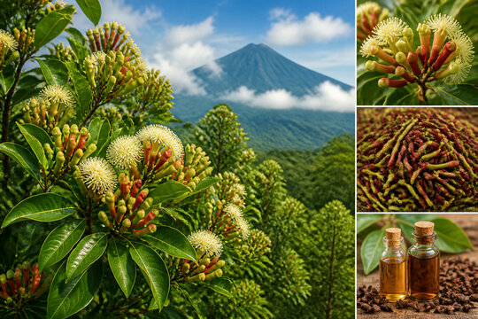 Eugenia flower clusters blooming against volcanic mountain landscape
