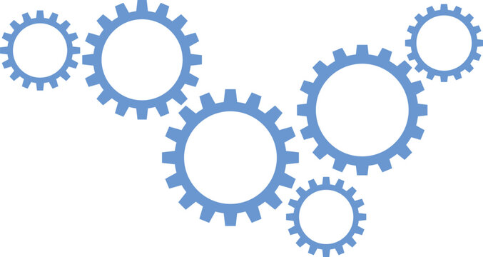 A cluster of six interconnected blue mechanical gears arranged in a circular pattern on a clean white background, for industrial concepts