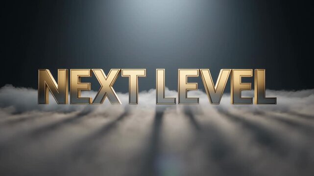 Cinematic golden next level text emerging from dramatic clouds and light rays, symbolizing achievement, success, and progression to a higher stage or rank