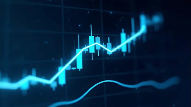 Financial market growth chart animation with stock trading analysis, investment trend and real time data visualization, business finance technology background