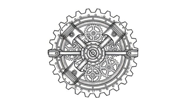Mechanical engine gears and pistons illustration on white background