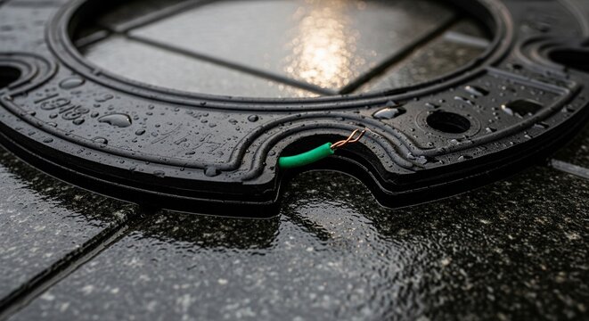 Close-up of a wet black plastic manhole cover or round textured industrial frame on wet dark asphalt during rain. A small bright green wire peeks out from a notch in the rim.