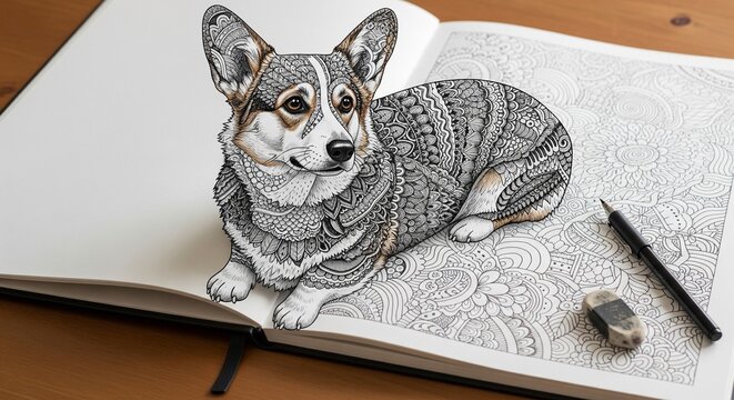 Detailed Zentangle Corgi Art in a Sketchbook on a Wooden Table