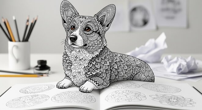 Pop-Up Zentangle Corgi Dog Drawing on an Open Sketchbook