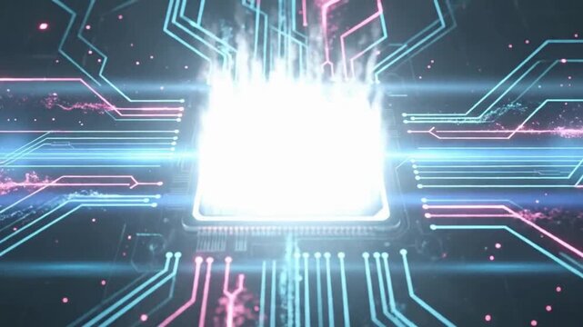 Artificial intelligence processor animation, glowing quantum microchip and high speed data computing, futuristic semiconductor technology network background video