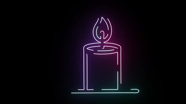 Minimalist Glowing Neon Candle Illustration Animated Line Art Featuring Vibrant Blue And Purple Strokes Against A Solid Black Background Perfect For Digital Holiday Decor Or Celebratory Religious Moti
