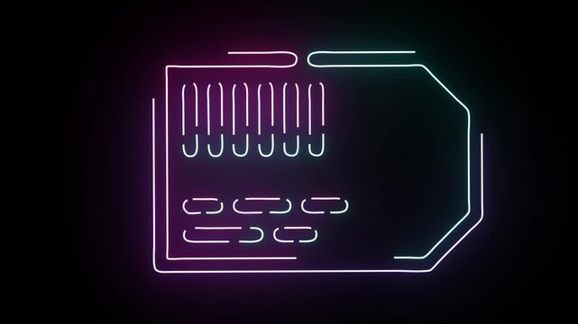 Neon glowing outline of a rectangular tag with barcode and line patterns pulsating with vibrant light on a deep black background for a modern digital aesthetic motion graphics overlay or web interface