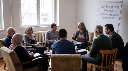 Obraz premium Group discussion in bright meeting room with diverse participants engaged in reconciliation dialogue