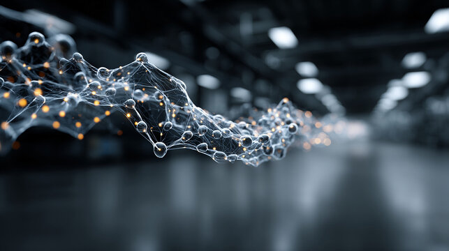 Digital network connection flow over dark reflective surface with futuristic technology concept