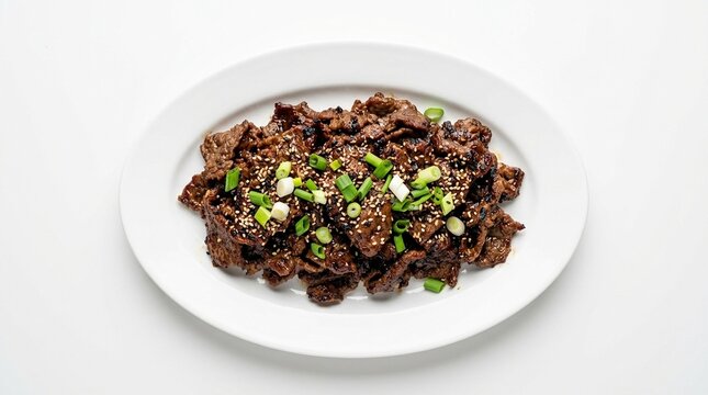 Bulgogi Marinated Beef Thin Slice Sizzle - Korean BBQ Char-Grilled Tender Meat White Plate Stock Photo