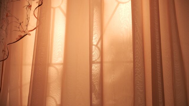 Summer solstice bathes the room in a magical light. Soft rays of sunlight stream through a sheer, transparent curtain, diffusing into a warm, golden glow that fills the cozy bedroom. Atmospheric mood
