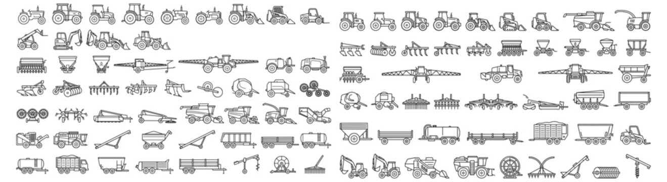 Agricultural Machinery Icon Set - Tractors, Harvesters, Implements and Farm Equipment Line Icons