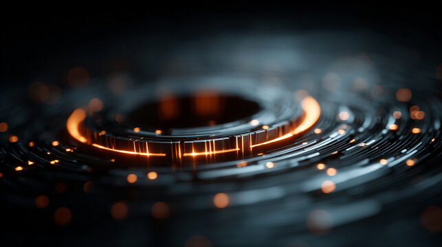 Digital data flow in cybersecurity network with glowing orange light trails and futuristic technology background