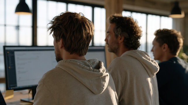 Startup customer obsession shown as a product team watches user session recordings on a large monitor, pausing and rewinding at moments of friction, sticky notes accumulating on